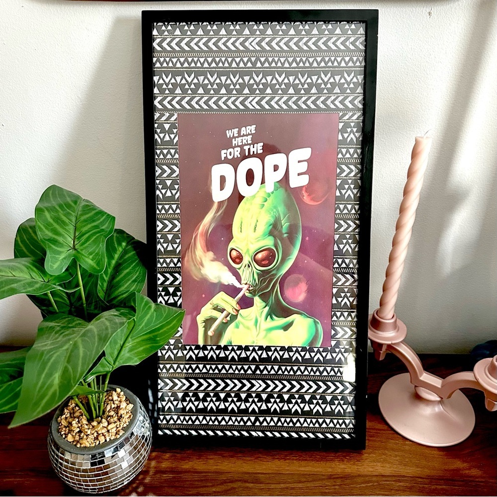 Here For the Dope Stoned Alien UFO Smoking Weed Framed Canvas Art Print Galaxy